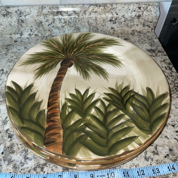 4 Tabletops Unlimited Kona Hand Painted Dinner Plate Palm Tree Design - Picture 2 of 13